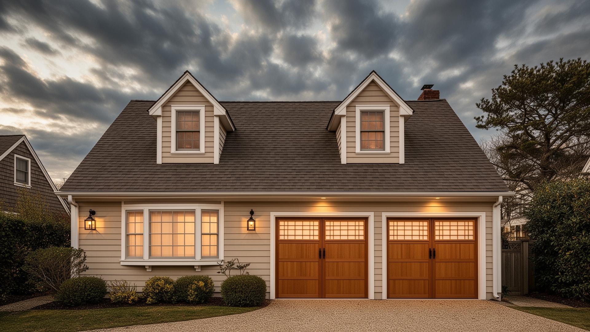 Cape Cod cottage with Asian-inspired garage doors featuring shoji screen panels - professional garage door installation by Garage Door West Harwich